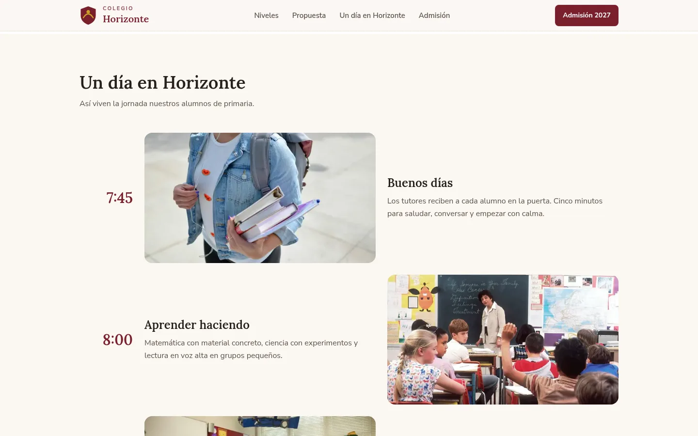 Sección “Un día en Horizonte” con horarios y fotos de alumnos