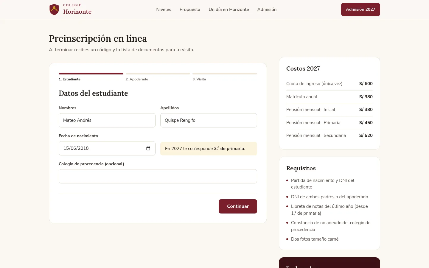 Primer paso de la preinscripción con el grado calculado automáticamente