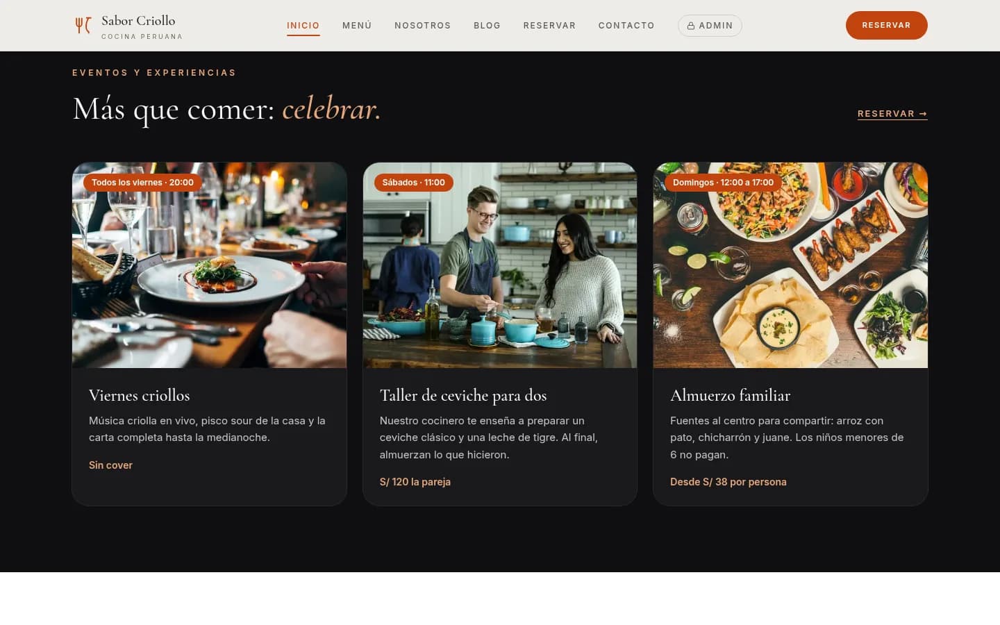 Sección de eventos y experiencias del restaurante